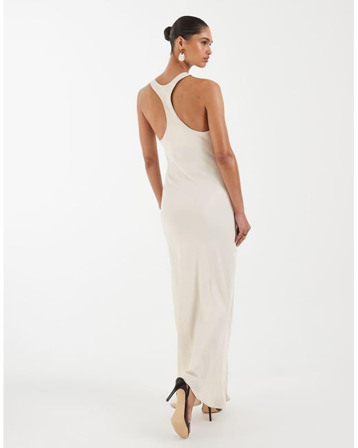ASOS Natural Satin Racer Neck Maxi Dress With Slit