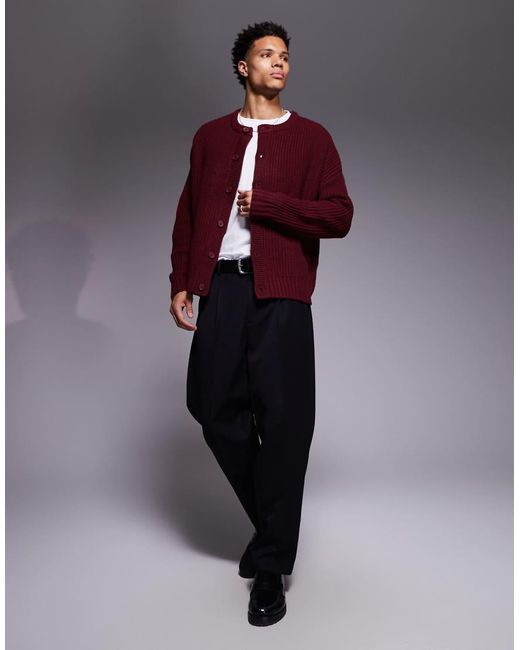 ASOS Red Oversized Boxy Fit Heavyweight Knitted Crew Neck Cardigan for men