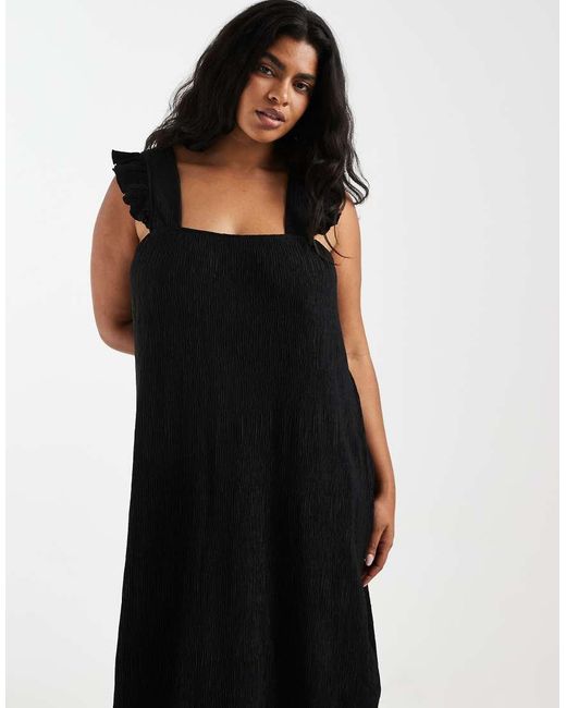 Pieces Plus Black Pieces Curve Plisse Maxi Dress With Frill Sleeves