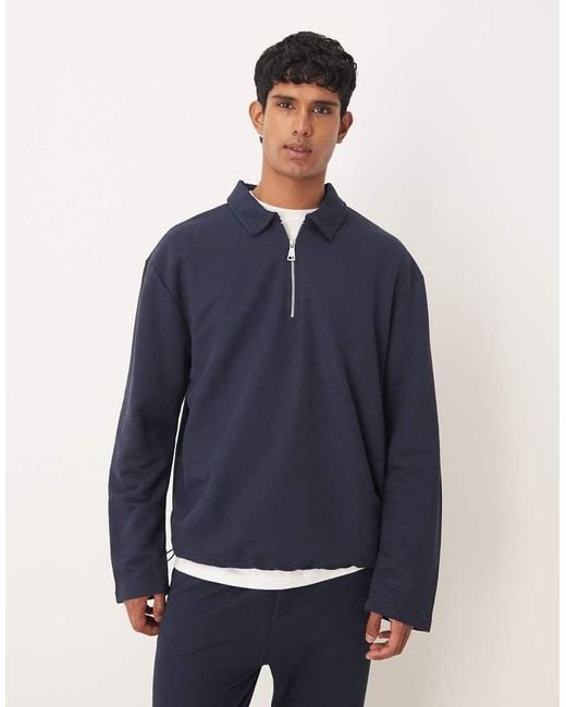 ASOS Oversized Piqué Polo Met Halve Rits in het Blue voor heren