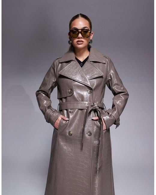 River Island Gray Faux Leather Croc Trench Coat