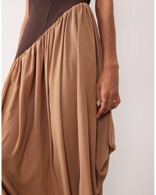 ASOS Pink Structured Curved Bandeau Neckline Midi Dress With Contrast Soft Draped Skirt