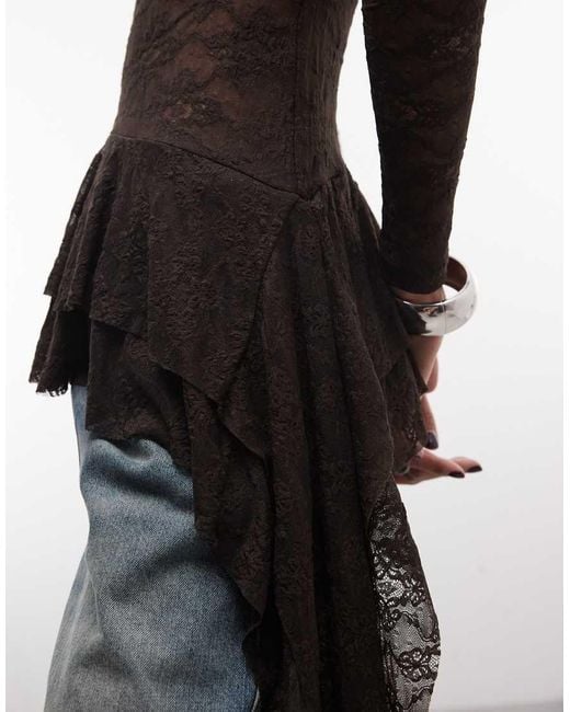 Monki Brown Lace Long Sleeve Asymmetric Ruffle Top