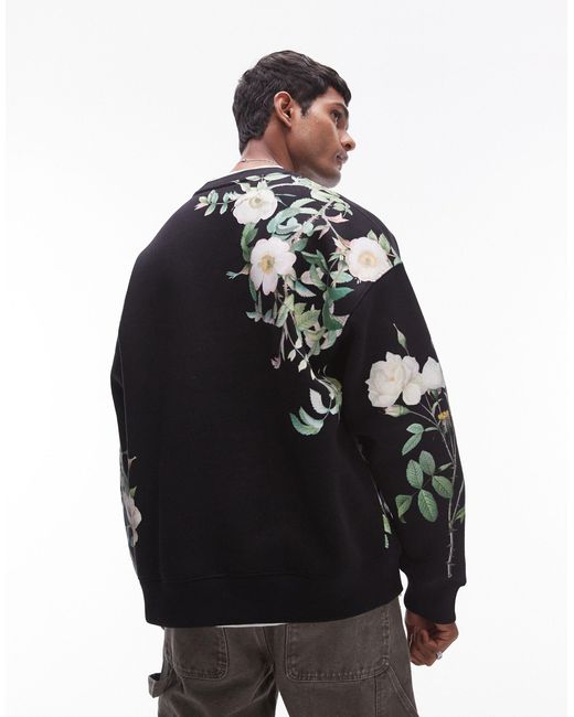 Topman Black Oversized Fit Sweatshirt With All Over Floral Print for men