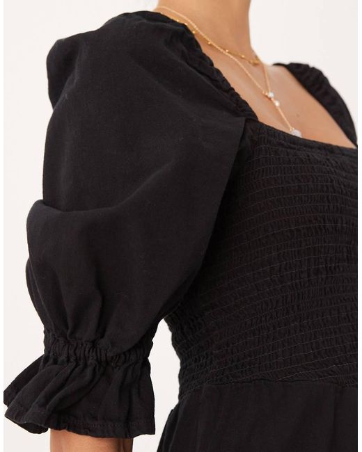 ASOS Black Soft Denim Puff Sleeve Midi Dress With Shirring