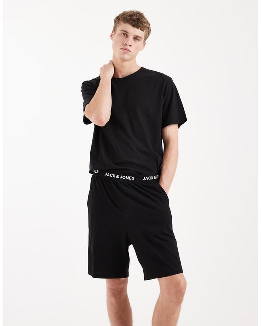 Jack & Jones Black Pyjama Shorts With Logo Waistband for men