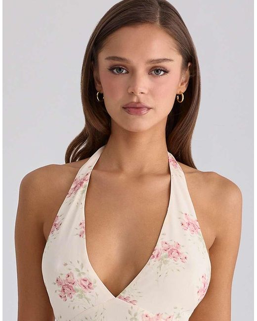 House Of Cb Natural Solada Ivory Vintage Rose Print Georgette Midi Halter Dress