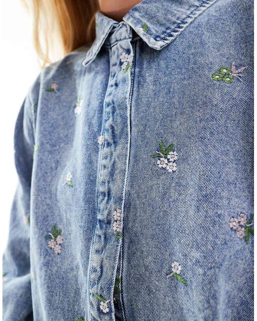 ONLY Blue Flower Embroidery Denim Shirt