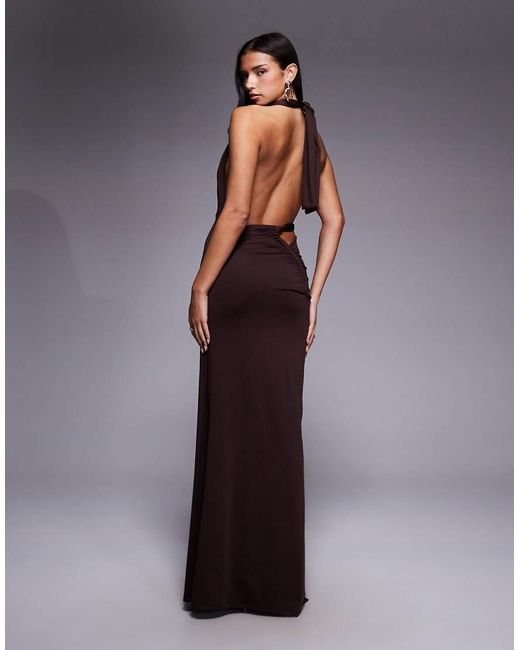 Aria Cove Purple Double Layered Slinky Asymmetric Halterneck Low Twist Back Dress Maxi Dress