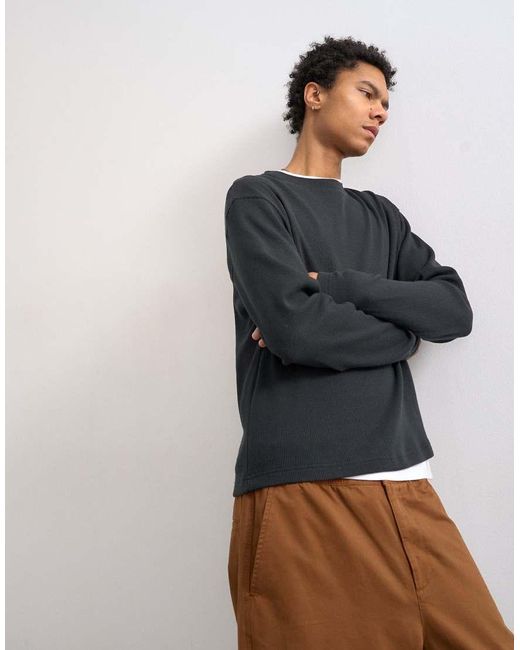 Topman Blue Cropped Fit Long Sleeve Heavyweight Waffle T-shirt for men