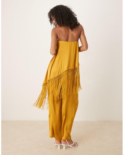 ASOS Yellow Embroidered Fringe Overlay Satin Jumpsuit