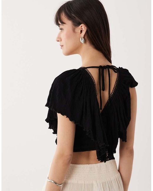 ASOS Black Crinkle Tie Back Flutter Sleeve Top With Lace Trim