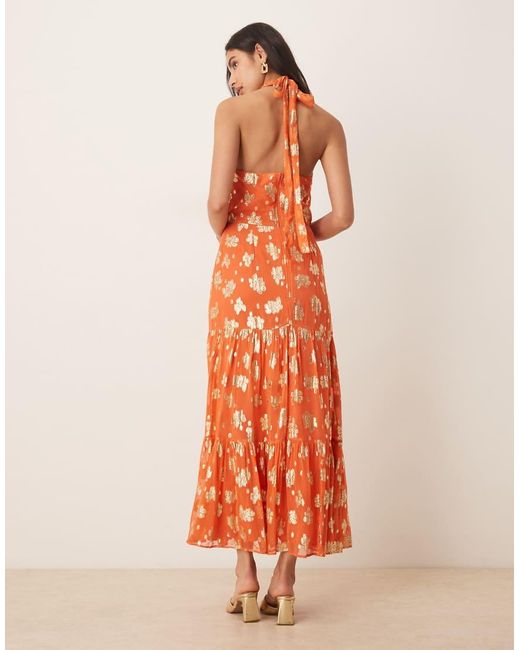 Maya Orange Floral Halter Neck Tiered Midaxi Dress