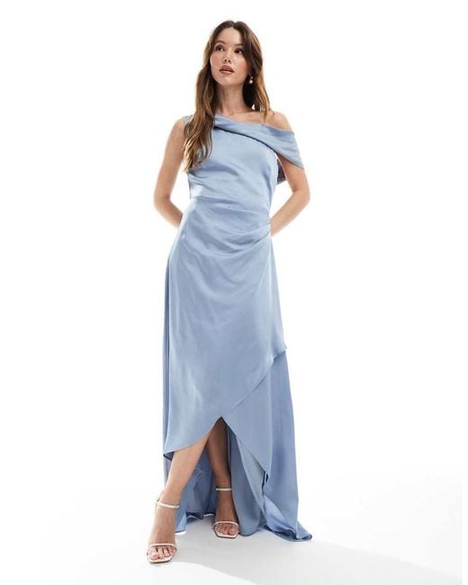 TFNC London Blue Bridesmaid Satin Fallen Shoulder Maxi Dress With Wrap Skirt