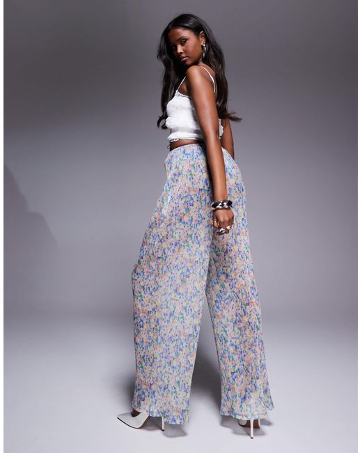 ASOS Blue – plissierte hose aus geblümtem netzstoff mit weitem bein, kombiteil