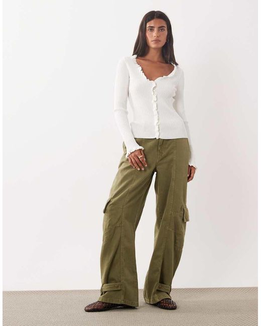 Mango White Frill Detail V Neck Cardigan