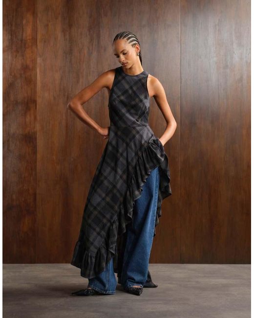Monki Brown Sleeveless Maxi Dress With Asymmetric Ruffle Hem