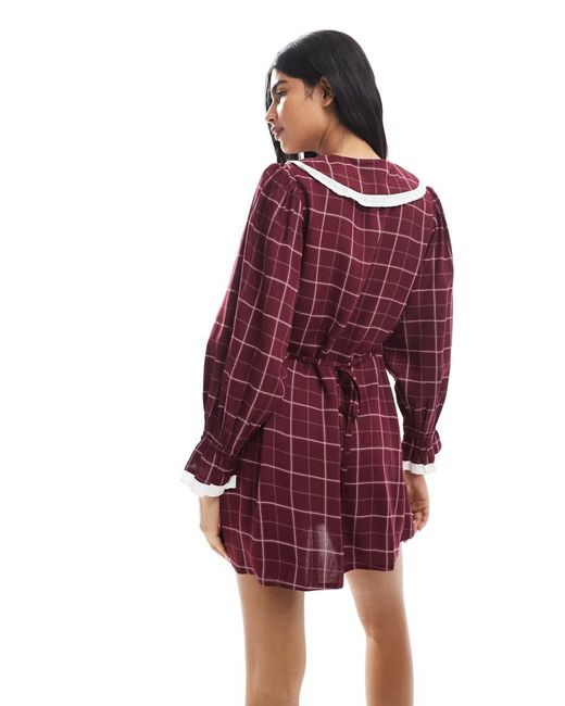 Wednesday's Girl Red Grid Check Collar Detail Mini Dress