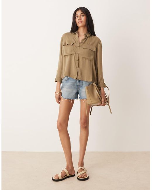 Aware Blue Utility Style Long Sleeve Shirt With Fold Up Cuff Detail