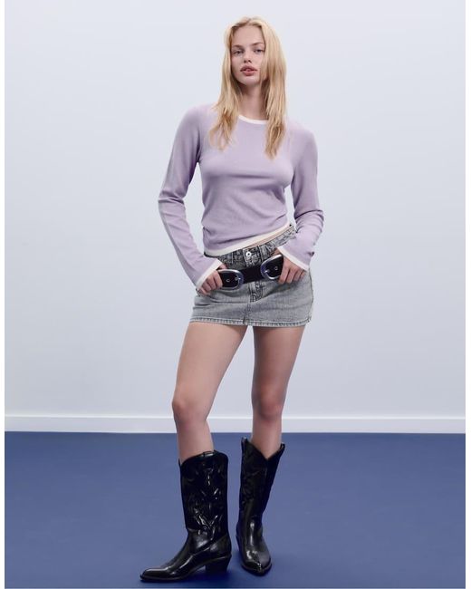 Stradivarius Purple Knit Sweater With Contrast Trim