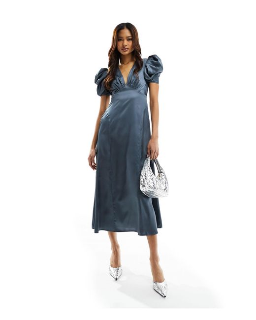 ASOS Blue Satin V Neck Midi Tea Dress With Puff Sleeves