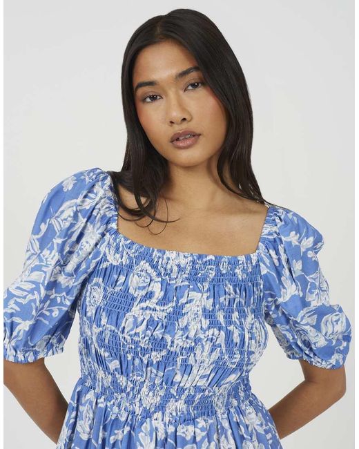 Brave Soul Blue Smocked Short Sleeve Mini Dress