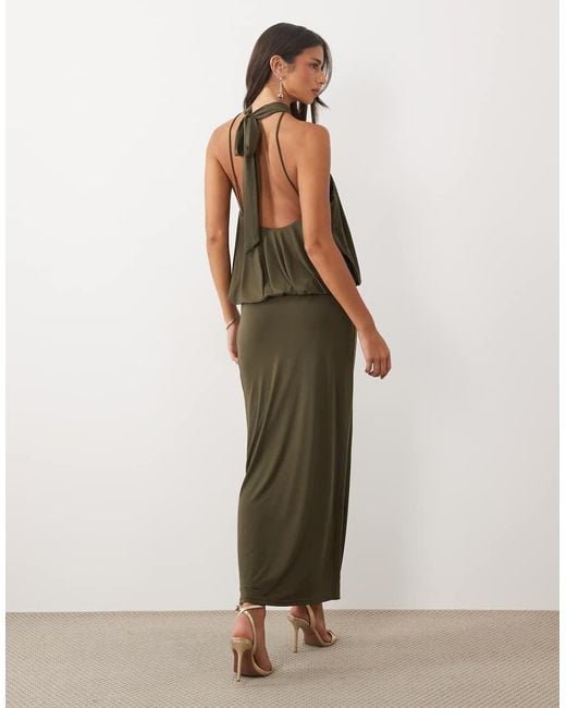 TFNC London Natural Slinky High Neck Halter Detail Open Back Maxi Dress
