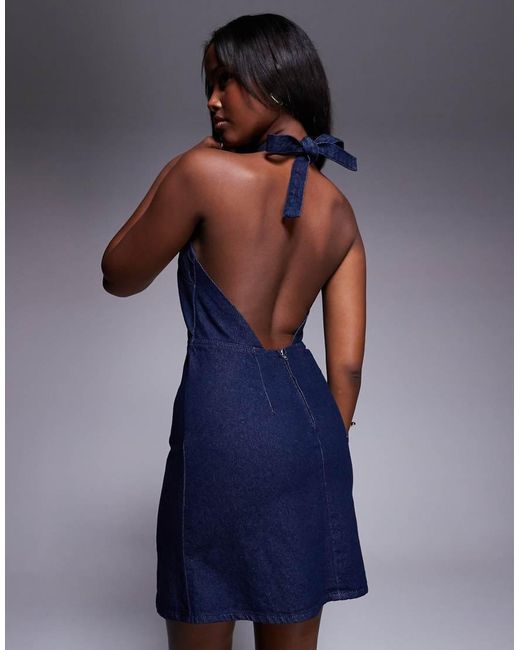 ASOS Blue Denim Halterneck Mini Dress With Rose Corsage
