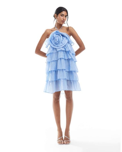Object Blue Statement Corsage Halter Mini Dress
