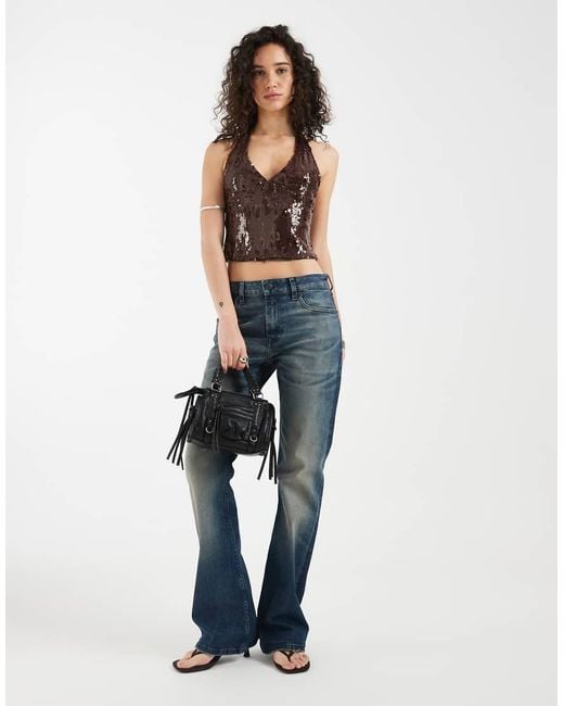 Motel Brown Cosio Halter Mixed Sequin Top