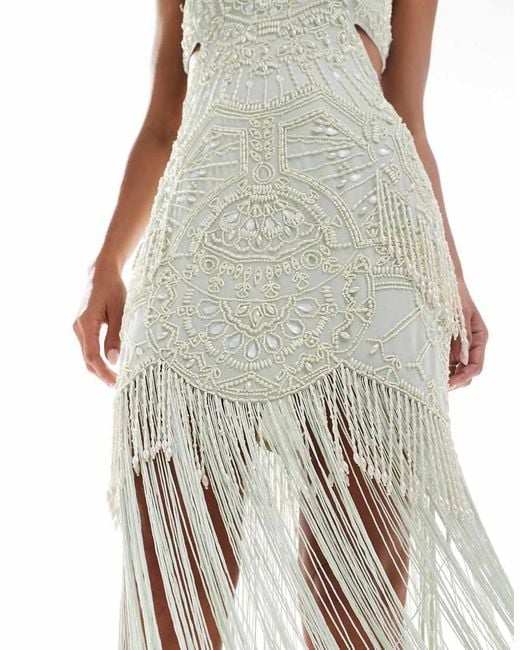 ASOS Cut Out Fringe Maxi Dress With Beaded Embellishment in White