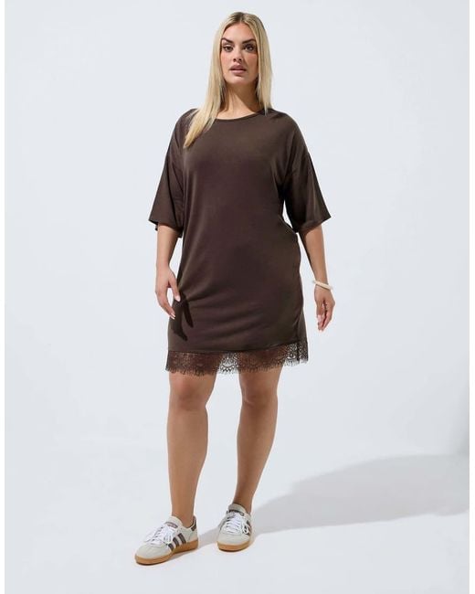 Yours Clothing Brown Lace Trim Mini Dress