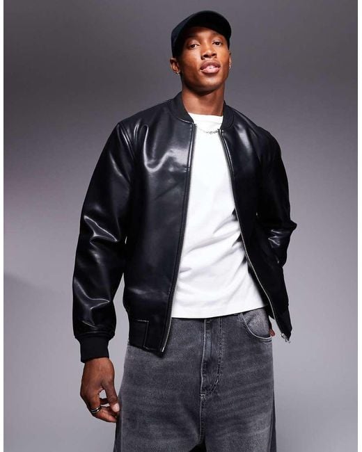 River Island Blue Faux Leather Bomber Jacket for men