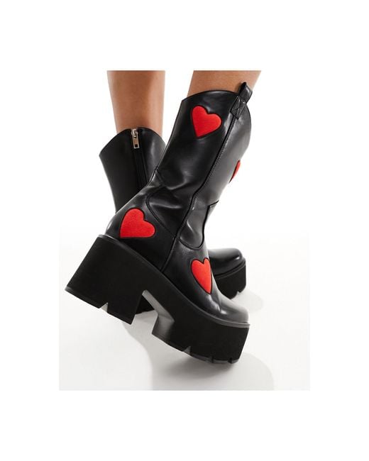 Lamoda Black Heart Throb Chunky Heeled Western Boots With Heart Applique