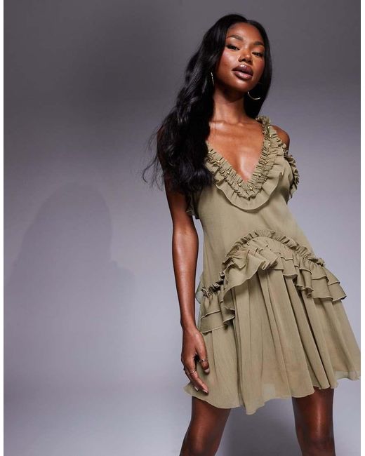 ASOS Brown Ruffle Strap Detail Mini Dress With Trim