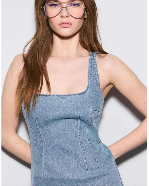 Stradivarius Blue Denim Midi Dress
