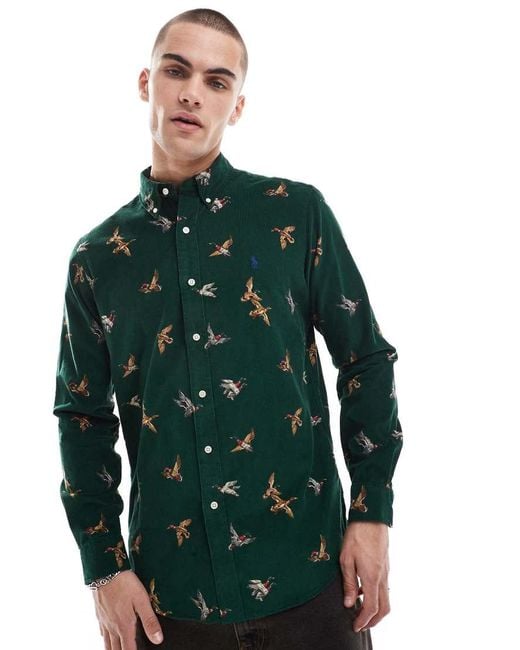 Polo Ralph Lauren Green Icon Logo Mallard Print Cord Shirt Classic Oversized Fit for men