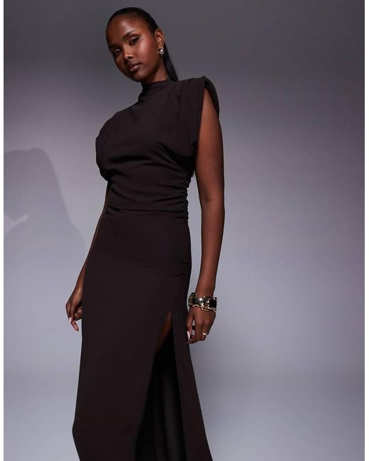 TFNC London Blue High Neck Maxi Dress With Shoulder Pads