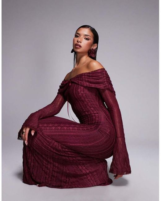 Aria Cove Purple Pointelle Knit Bardot Flare Sleeve Maxi Dress