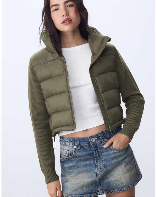 Stradivarius Green Puffer Jacket With Chunky Knit Sleeves