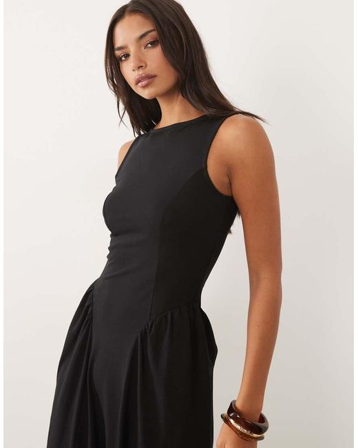 ASOS Black Boat Neck Waist Detail Midi Dress