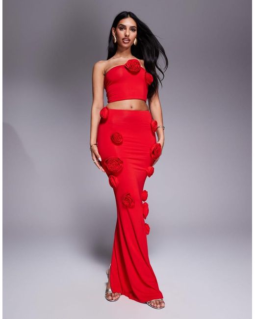 Wanderdoll Red Posie Sculpting Second Skin Corsage Detail Maxi Skirt Co-ord