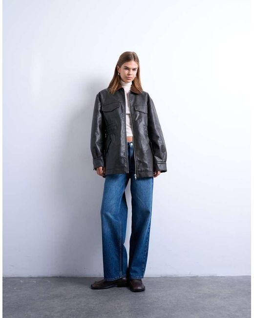 TOPSHOP Gray Cinch Waist Pu Jacket With Contrast Cord Collar