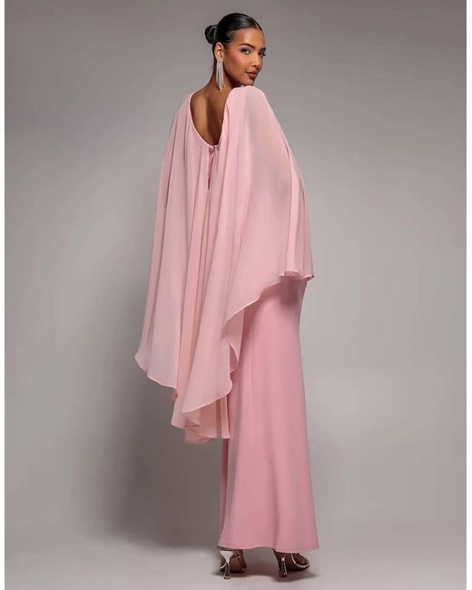 Goddiva Pink Cape Sleeve Chiffon And Sculpting Stretch Jersey Crepe Maxi Dress