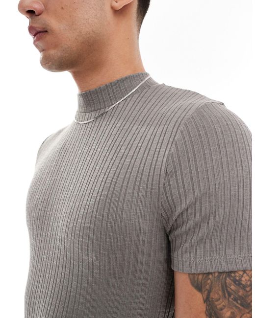 ASOS Gray Muscle Fit Rib T-shirt With Mock Neck for men