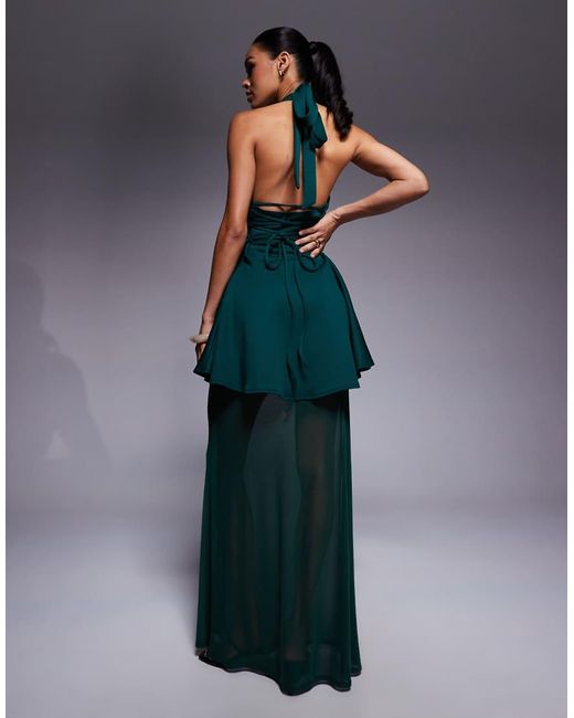 ASOS Blue Peplum Halterneck Maxi Dress With Sheer Skirt