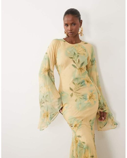 ASOS Natural Embellished Print Maxi Dress With Volume Sleeve