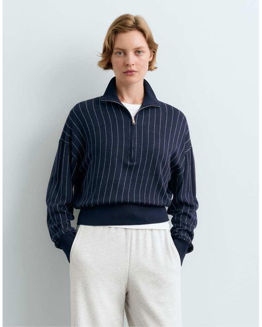 Oysho Blue Pinstripe Half-Zip Knit Jumper