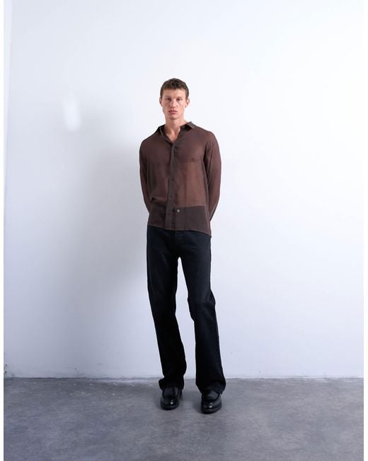 Topman Brown Relaxed Fit Crinkle Texture Sheer Shirt for men