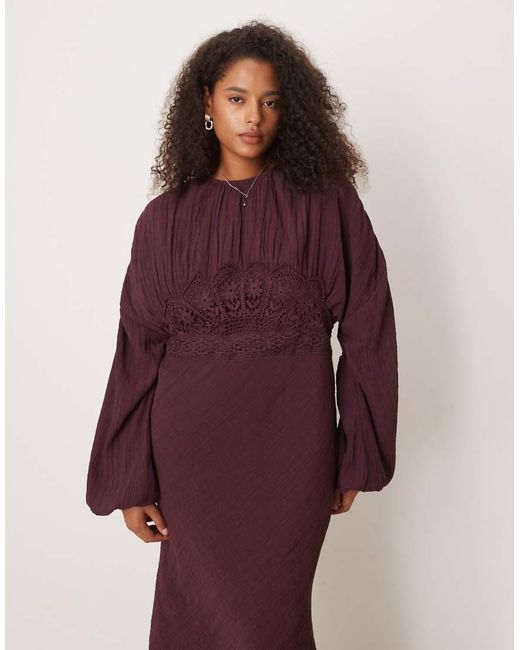 ASOS Red Asos Design Curve Crew Neck Maxi Dress With Volume Sleeve And Lace Bust Detail